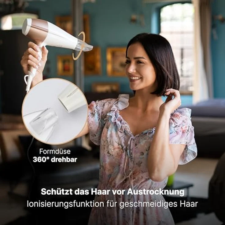 ProfiCare PC-HT 3010 Kompakter Haartrockner, 3 Temperatur--Leistungsstufen, Ionisierungsfunktion, 2 Gebläsestufen, Cool Shot, Weiß-Champagner – Bild 4