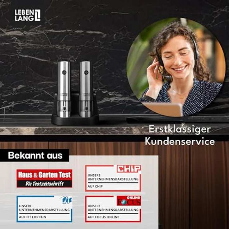 Lebenlang LBL9599, Pfeffermühle + Salzmühle, Keramikmahlwerk, LED-Leuchte, Silber-Schwarz – Bild 8