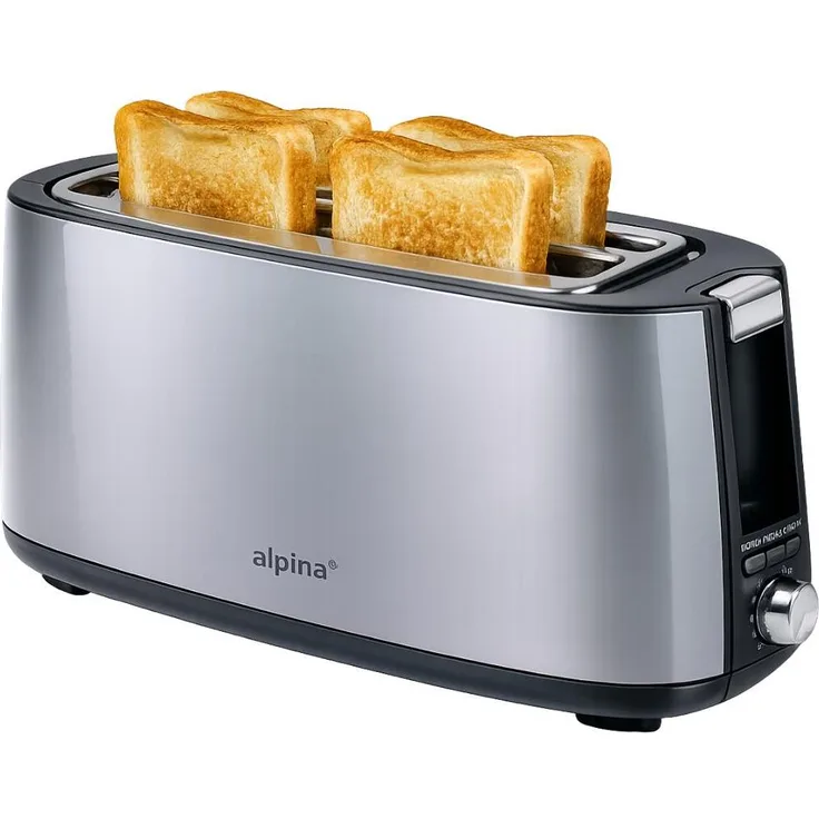 alpina Toaster 4 Scheiben, Sandwichmaker 1400W mit Krümelschublade, langen Schlitzen und 7 Bräunungsstufen, Edelstahlgehäuse, grau