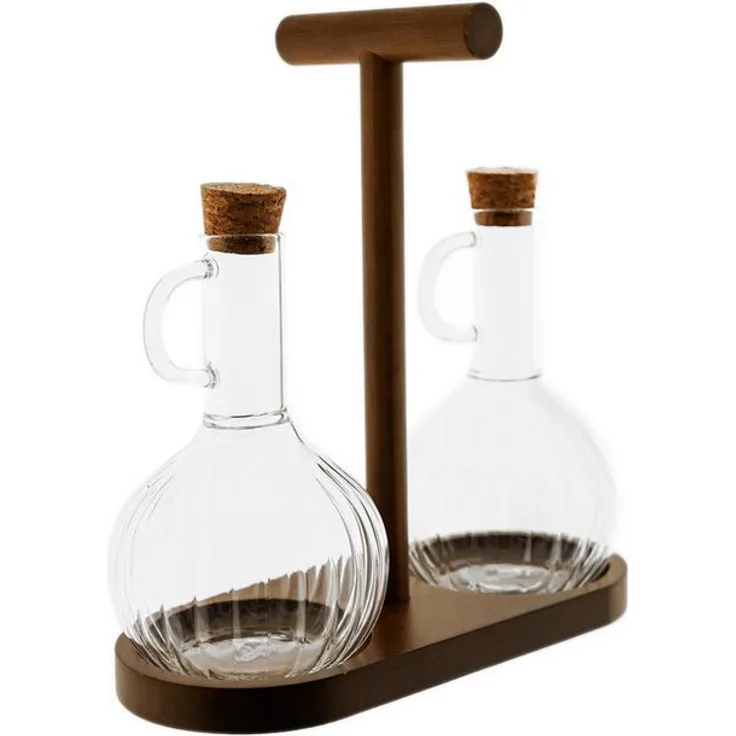 Mulex Öl- & Essigspender Set mit Holzständer, 320 ml in Relief-Design, 2 Glasflaschen mit Korkverschluss
