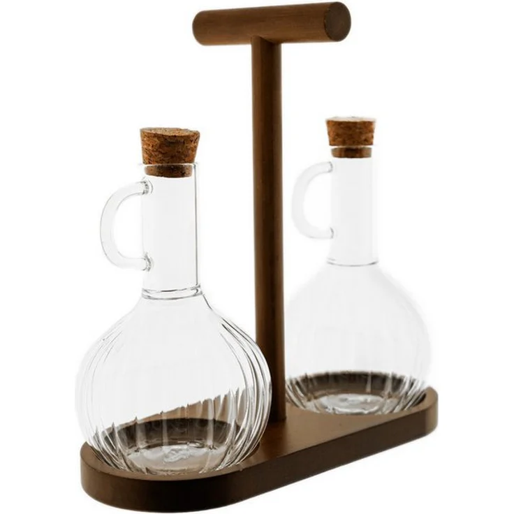 Mulex Öl- & Essigspender Set mit Holzständer, 320 ml in Relief-Design, 2 Glasflaschen mit Korkverschluss