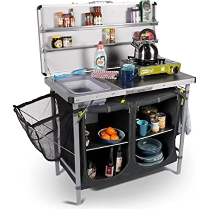 Kampa Profi Campingküche FK0001, XL Arbeitsplatte mit Spülbecken, 2 Fächer und Gewürzregalen, schwarz