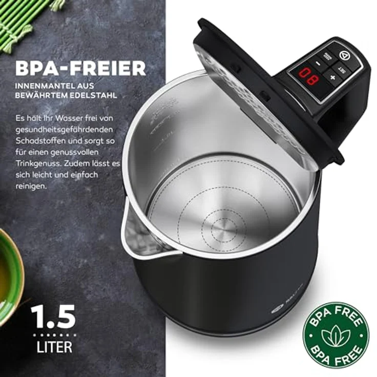 Balter WK-12 Edelstahl Wasserkocher, Temperaturwahl 40°C-100°C, 1.5L, 2200W, doppelwandig, kabellos, BPA-frei, Schwarz – Bild 4
