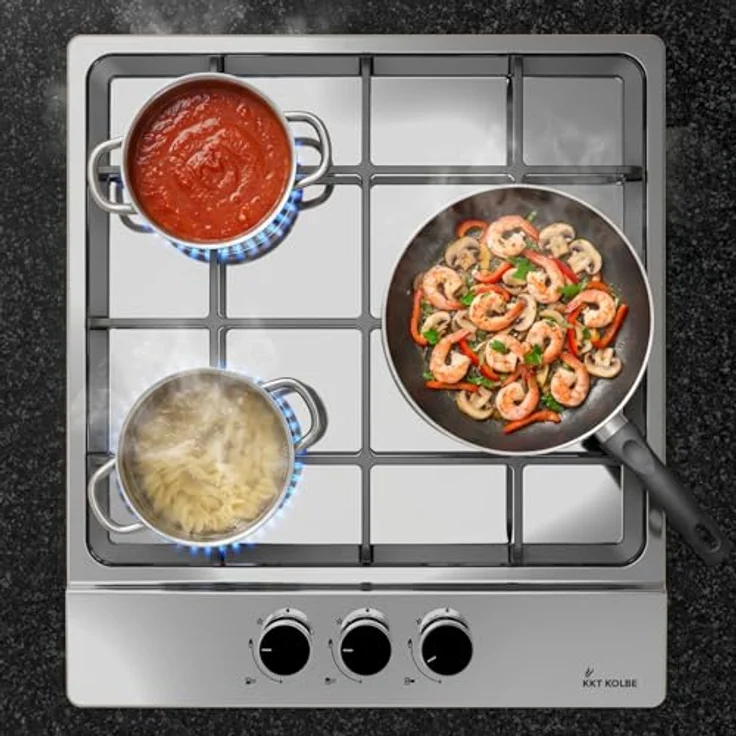 KKT KOLBE G453ED, Gaskochfeld 44,5 cm, 6,2 kW, 3 Flammig, Rahmenlos, Wok-Zone, Edelstahl, Propangas/Erdgas – Bild 2
