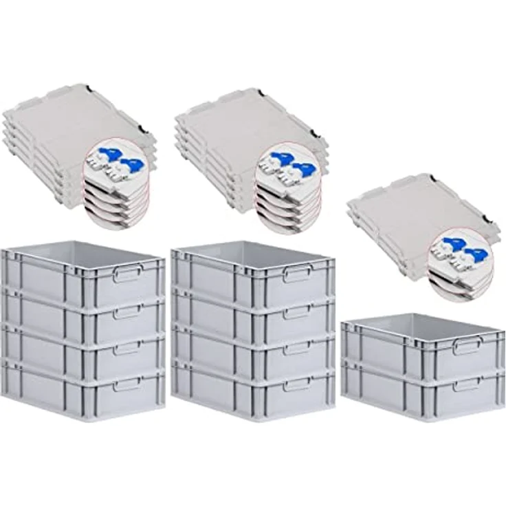 PROREGAL Eurobox NextGen Grip 10er Set, mit Scharnierdeckel und blauen Schnappverschlüssen, HxBxT 17x40x60cm, 34 L, grau, lebensmittelecht, stapelbar, stabil und transportfähig – Bild 1