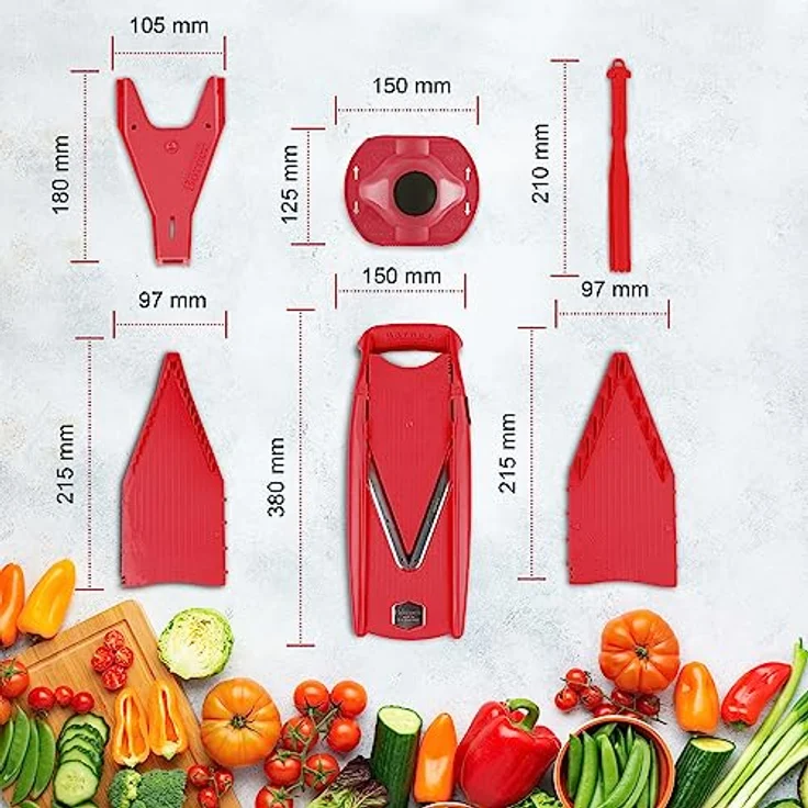 Börner V5 PowerLine Gemüsehobel Plus Set (7-tlg.) • Gemüseschneider (V-Hobel) für Obst & Gemüse + extra viel Zubehör • 8 Schnittarten • Küchenhobel-Set (Rot) - Preisvergleich – Bild 2