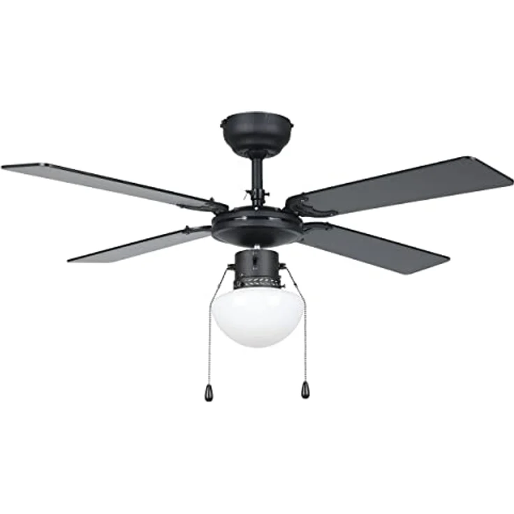EGLO Deckenventilator Fortaleza, 4 Flügel Ventilator mit Zugkette, Beleuchtung, Holz, Stahl in schwarz matt, Glas in Weiß, AC Motor, Ø 106,6cm – Bild 1