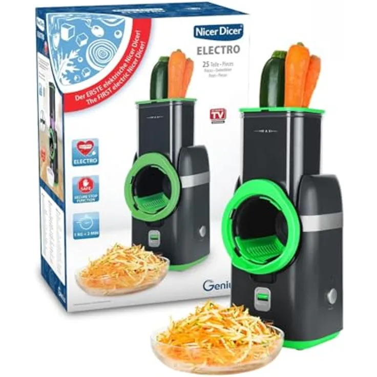 Genius Nicer Dicer Electro, elektrischer Gemüsehobel Deluxe Set 32 tlg, 9in1 Funktionsvielfalt, 6 extrastarke Einsätze, einfache Reinigung, leistungsstark