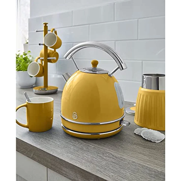 Swan Retro Wasserkocher 1,8 Liter, Vintage Design, 2200W, kabellos, BPA-freier Edelstahl, Gelb, mit Abschaltautomatik und Anti-Kalk-Filter – Bild 2