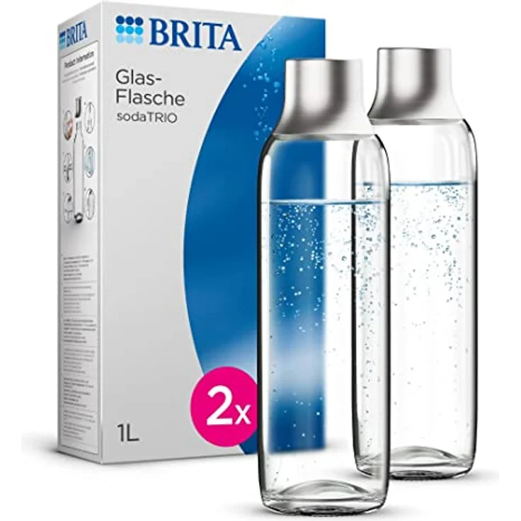 BRITA Glasflasche für sodaTRIO Wassersprudler (1l), 2er Pack Ersatzflaschen – leichte, elegante Wasserflaschen aus Glas im Duo-Pack / Sprudlerflaschen mit Verschluss aus poliertem Edelstahl – Bild 1