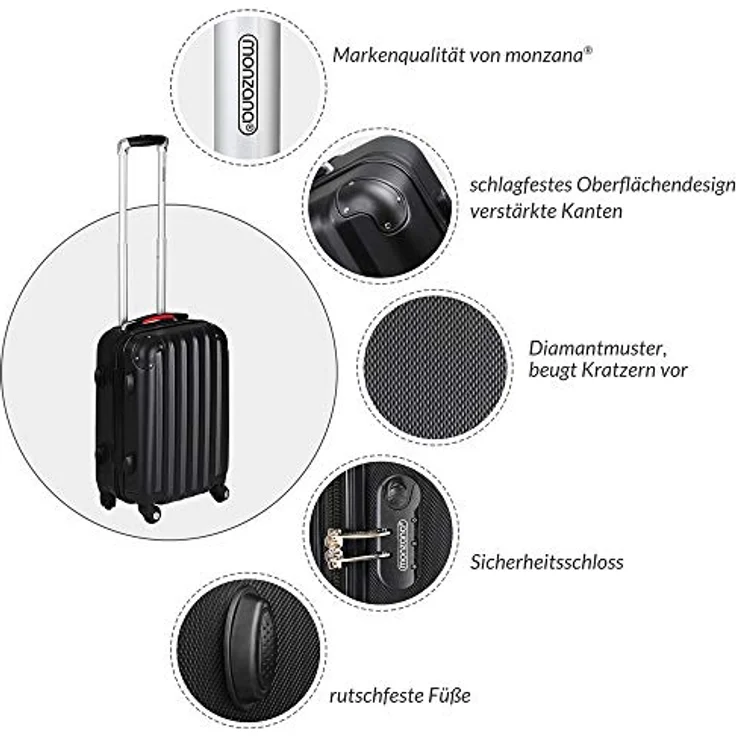 monzana Hartschalen-Trolley Baseline Schwarz L, 4 Rollen, Handgepäck, ABS Hartschale, Zahlenschloss – Bild 3