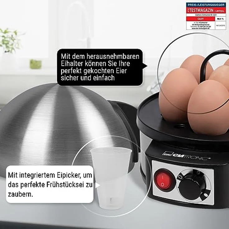 Clatronic EK 3321 Eierkocher mit Härtegradeinstellung (7 Eier), akustisches Endsignal, Messbecher mit Eipicker, 400 Watt, Inox – Bild 5