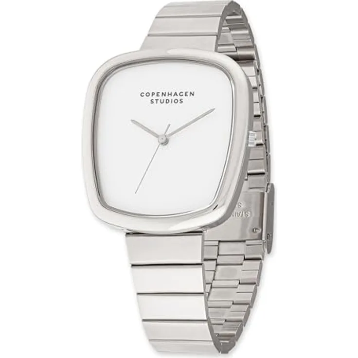 Copenhagen Studios Curved Watch Silber, 34 mm, elegante Damenuhr aus poliertem Edelstahl mit Quarzwerk, 3 ATM wasserdicht, kratzfest