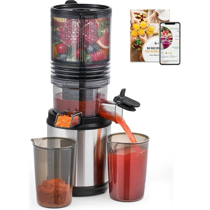AMZCHEF Zentrifugenentsafter JE-7OT8, 250 W, 150 mm breiter Einfüllschacht, 2L Kapazität, Edelstahlfilter, BPA-frei