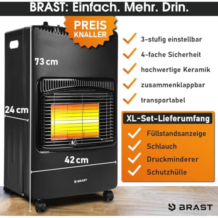 BRAST Gasheizer Keramik Vulkan, 4200W mobile Gasheizung mit 3 Heizstufen, Schutzhülle, Druckminderer, klappbar für Gasflaschen bis 15kg – Bild 7