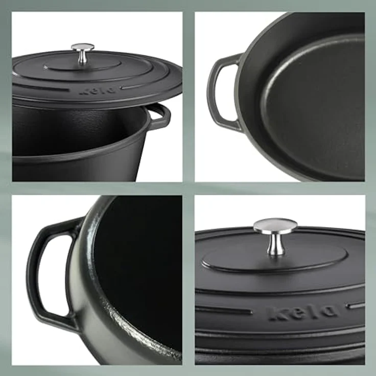 Kela 12473 Bräter mit Deckel, Gusseisen, le-Beschichtung, Hohe Wärmespeicherung, Induktionsgeeignet, 6,5 L, Schwarz, Oval, Calido – Bild 7