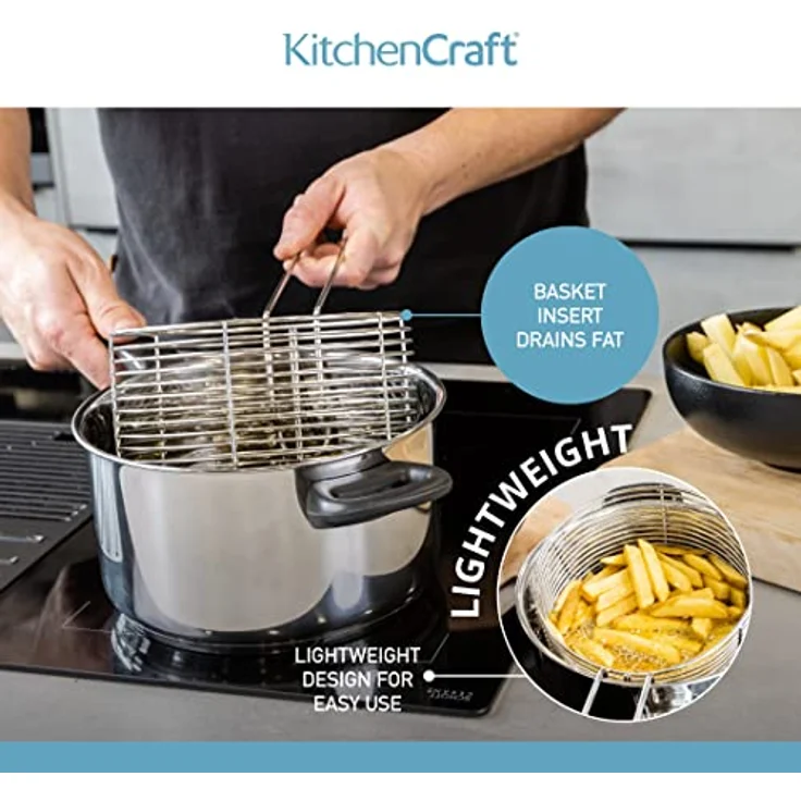 KitchenCraft Großer Pommes Kochtopf mit Frittierkorb und Deckel, Fritteuse Topf für alle Herdarten inklusive Induktionskochfeld, Pommes Körbchen Edelstahl, Silber, Ø 20 cm – Bild 5
