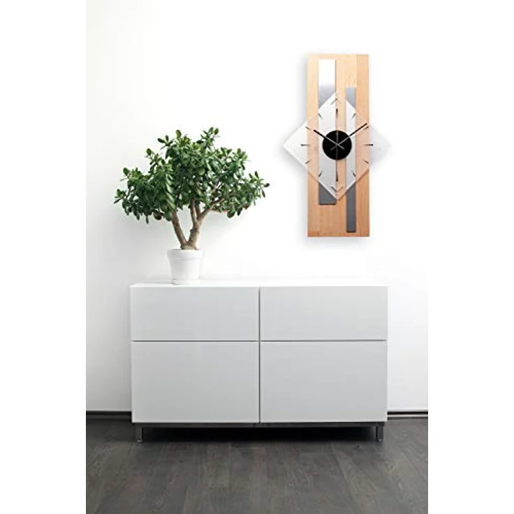 Kreative Feder Moderne Designer Holz Alu Funk Wanduhr leise Funkuhr ohne Ticken 60x30cm (Buche, leises Funkuhrwerk) – Bild 5