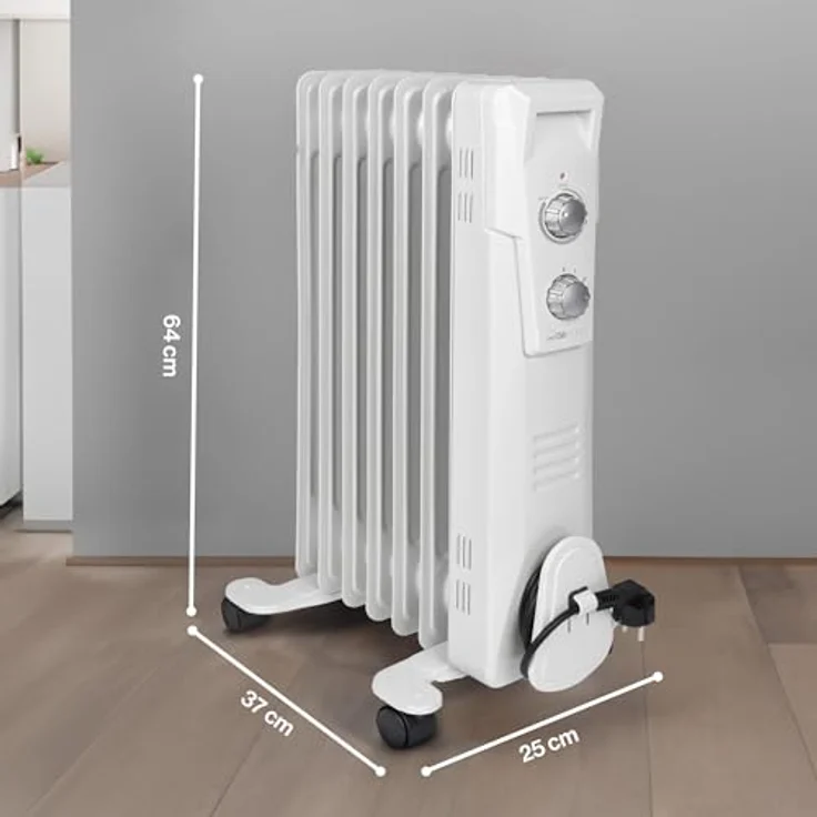 Clatronic RA 3735 7 Rippen-Ölradiator, mobiler Heizkörper bis 1500 Watt, Wärmeregulierung über stufenlosen Thermostatregler, Flexibler Einsatz durch 4 Leichtlaufrollen, Slimline-Bauweise, weiß, Radiator – Bild 6