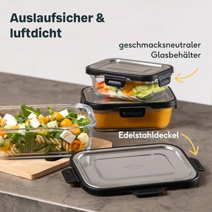 SILBERTHAL Frischhaltedosen Set Glas mit Edelstahl Deckel - Luftdicht - 3er Set - Hitzebeständiges Borosilikatglas - Silikondichtung - Stapelbar – Bild 2