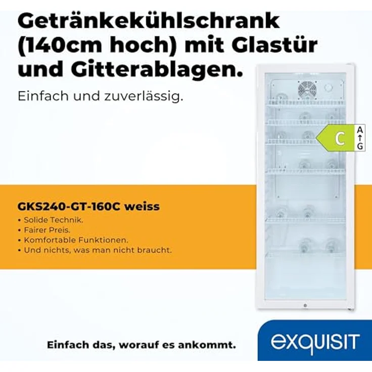 Exquisit Glastürkühlschrank GKS240-GT-160C weiss | Nutzinhalt: 237 L | Türschloss | 6 Gitterablagen | Umluftventilator | Standgerät – Bild 2
