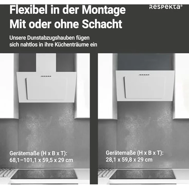 respekta CH 33060 WB, Motorhaube, Esse, Breite: 59.5 cm, Tiefe: 29 cm, Absaugung und Rückführung (mit zusätzlichem Rückführungsset), weiß – Bild 8
