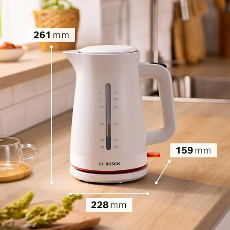 Bosch kabelloser Wasserkocher My Moment TWK3M121, Abschaltautomatik, Überhitzungsschutz, Tassenanzeige, beidseitige Wasserstandsanzeige, entnehmbarer Kalkfilter, 1,7 L, 2400 W, Weiß matt – Bild 2