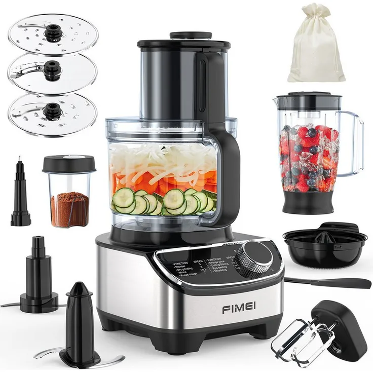 FIMEI HGM411 Multifunktionale Küchenmaschine, 1300 W, 3,5 l Schüssel, 1,5 l Mixer, Schwarz, inkl. Mühle und Zitruspresse
