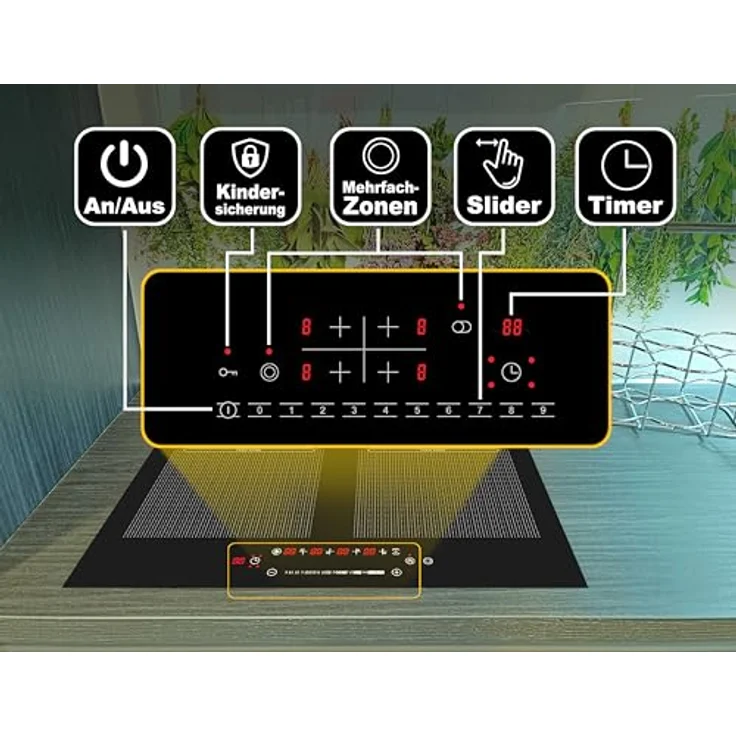 Acopino KMI4DF Induktionskochfeld, Glaskeramik, 6000W, 60 x 52 cm, 2 Doubleflex-Kochzonen, rahmenlos, Sensor Touch Control, 220-240V – Bild 4