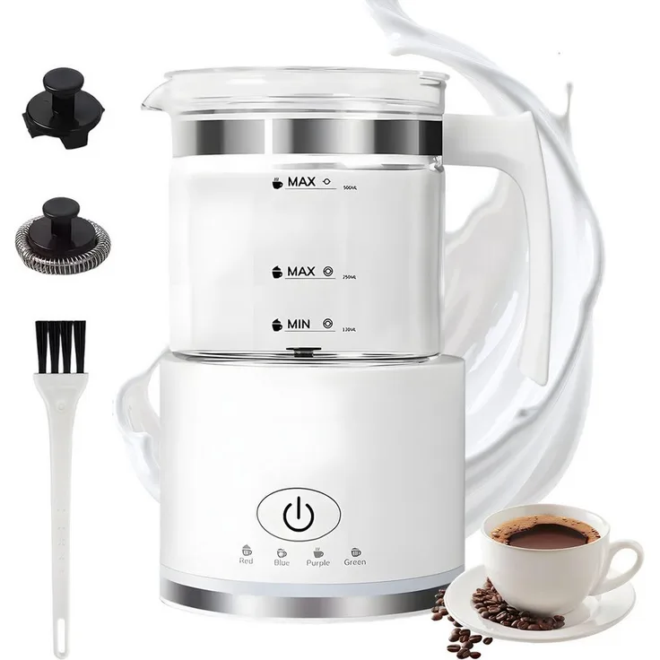AKKEE Milchaufschäumer Elektrisch, 4 in 1 für Heiß- und Kaltschaum, 500ml, 600 W, spülmaschinenfest mit Glasbecher