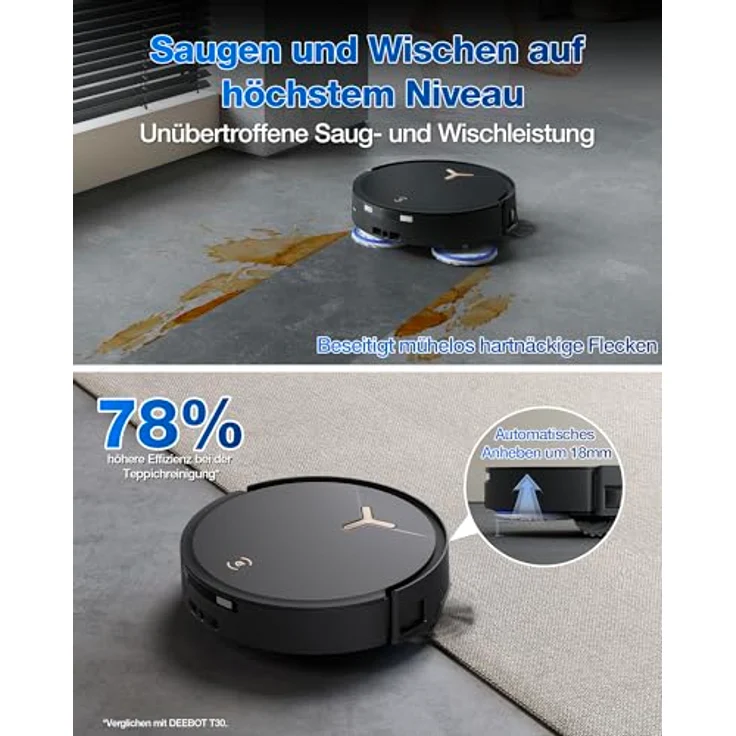 ECOVACS DEEBOT T50 MAX PRO Omni Saugroboter mit Wischfunktion, 18.500Pa, ZeroTangle 2.0, Tiefenreinigung für Teppiche, Ausfahrbare Seitenbürste & Wischmodul, Heißwasser-Reinigung 40-75℃, Schwarz – Bild 3