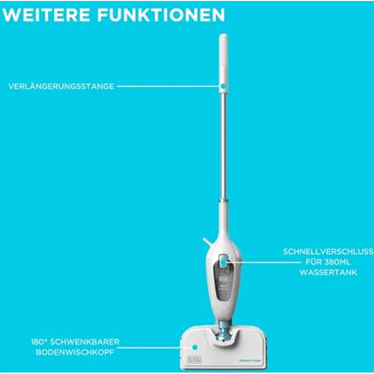 Black + Decker FSMH13E10-QS 10-in-1 Dampfbesen Steam Mop Deluxe (1300W, Dampfreiniger für hygienische Sauberkeit, großes Zubehörset + herausnehmbares Handdampfgerät, einfache Bedienbarkeit) – Bild 6