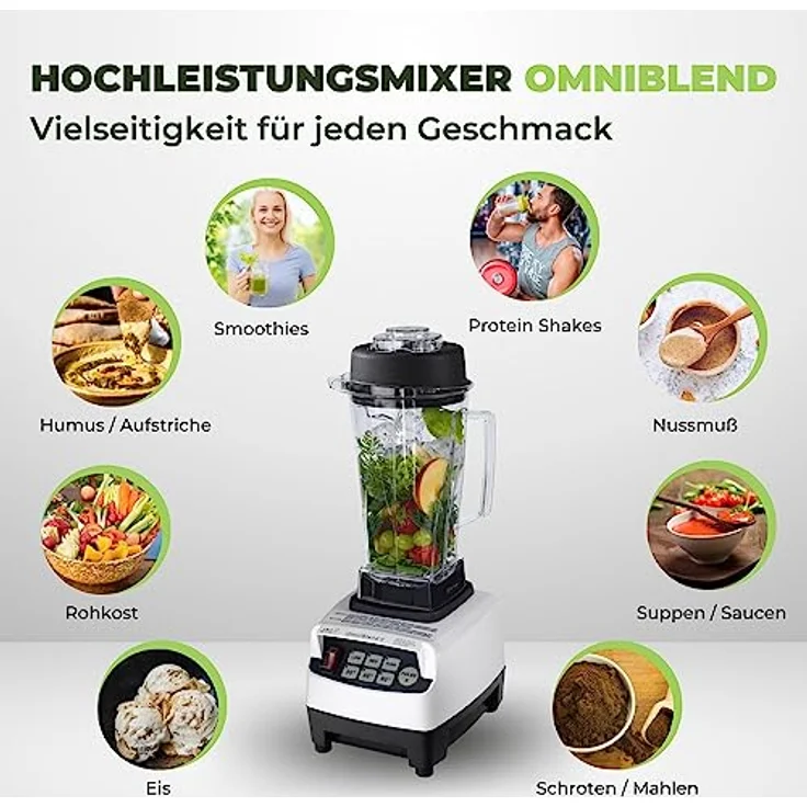yayago OmniBlend Smoothie Maker 2L in weiß I Standmixer inkl. BPA-freiem Behälter & 6-Klingen-System aus Edelstahl I ideal für grüne Smoothies I mit 3 PS Motor – Bild 2