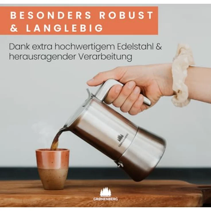 GRØNENBERG Espressokocher Edelstahl, Induktion geeignet, 4 Tassen, 0.2l, inkl. Ersatz-Dichtung, aluminiumfrei und unbeschichtet – Bild 2