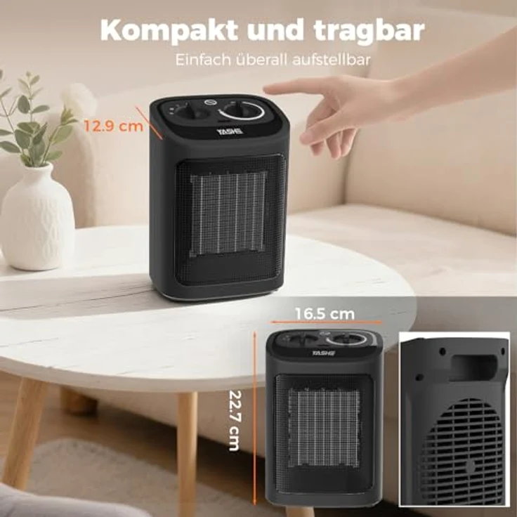 YASHE PTC-919 Elektroheizkörper 1500W, Keramik Heizlüfter mit Thermostat und 2 Heizstufen, Schwarz – Bild 8