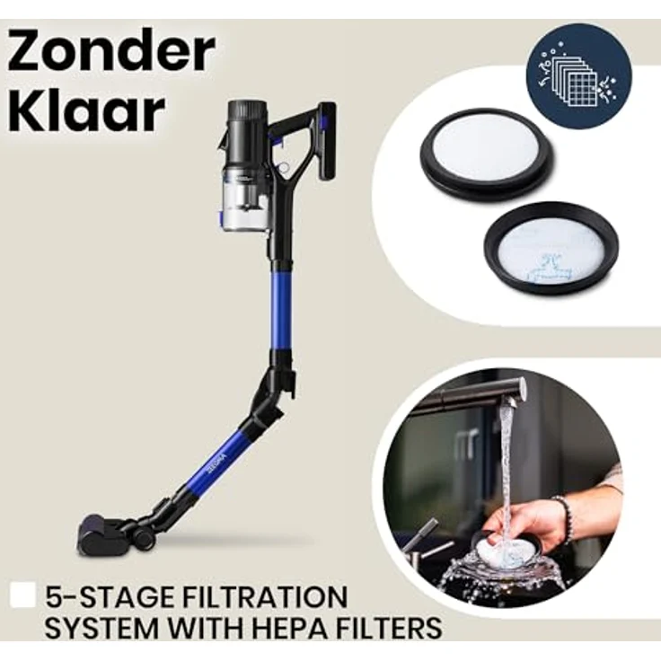 Zeegma Klaar Kabelloser Vertikalstaubsauger 400W, 25000Pa Saugleistung, 60 Min Laufzeit, Beutellos, Turbo 2in1 Bürste mit LED-Licht, 5-stufiger waschbarer HEPA Filter, Touchpanel Display, Schwarz-blau – Bild 5
