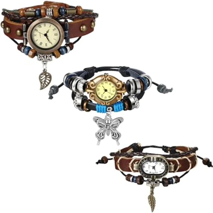 JewelryWe 3pcs Vintage Feder Schmetterling Armbanduhr, Analog Quarz mit geflochtenem Lederarmband in Schwarz und Braun – Bild 1