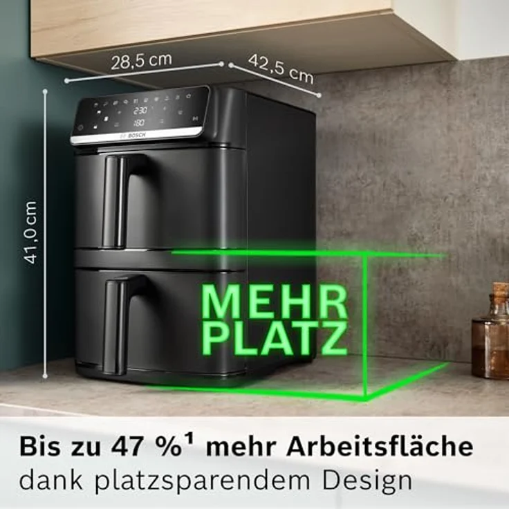 BOSCH Heißluftfritteuse Serie 6 MAFD661B0, XXL, 12L, PFAS-frei, Doppelkammer, 2800 W, platzsparend, einfache Reinigung, 6 Programme, schwarz – Bild 2