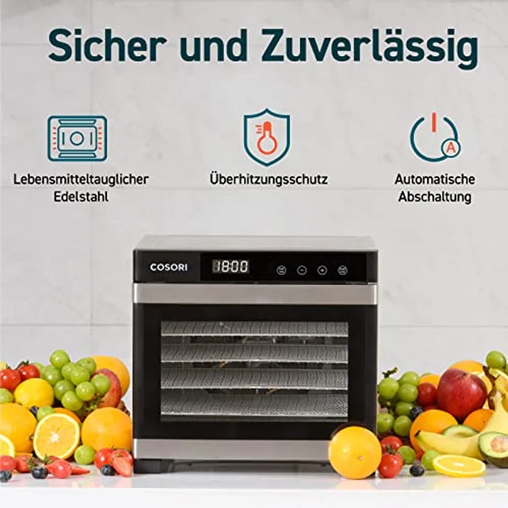 COSORI Dörrautomat Food Dehydrator mit 3 Dörrgitter, 3 Dörrmatten, 7 Ebenen, 650 Watt, silber, Edelstahl – Bild 2