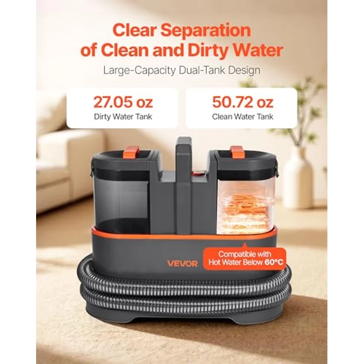 VEVOR Teppichreinigungsmaschine CX002C, tragbarer Polsterreiniger mit 1,5 L Frischwassertank und 0,8 L Schmutzwassertank, starke Saugkraft von 11,5 kPa, Dunkelgrau + Orange – Bild 4