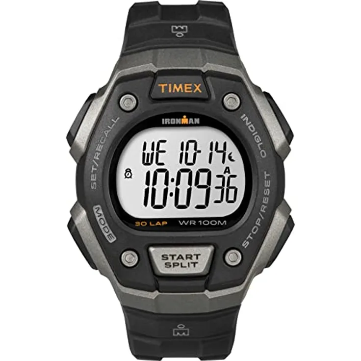 Timex Ironman Classic, 41mm Digitaluhr mit schwarzem und silberfarbenem Gehäuse, 30-Runden-Speicher, wasserdicht bis 100m, INDIGLO Beleuchtung