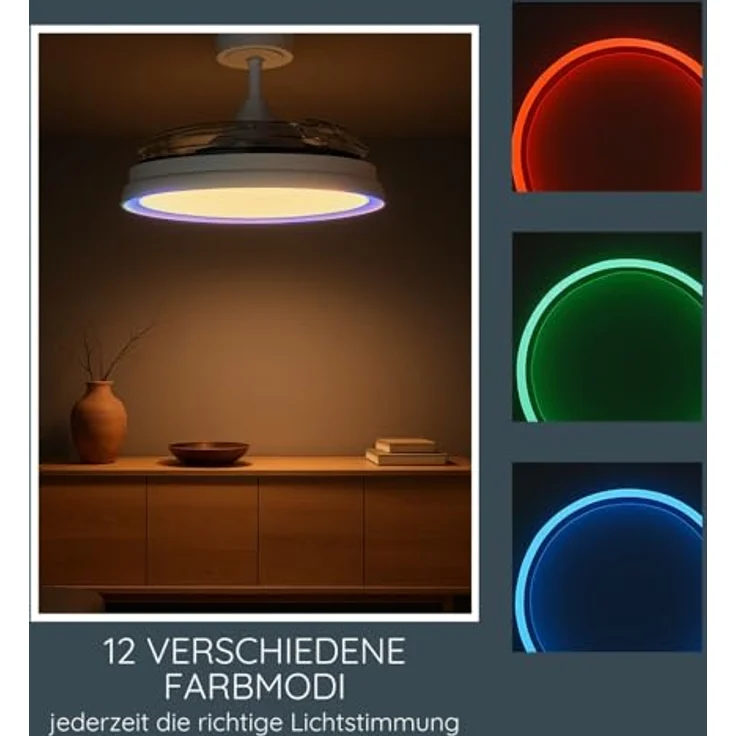 MeLiTec Deckenleuchte DV07, Deckenventilator mit RGB-LED-Beleuchtung, leise, dimmbar, Timer- und Nachtlichtfunktion, weiß, Fernbedienung – Bild 4