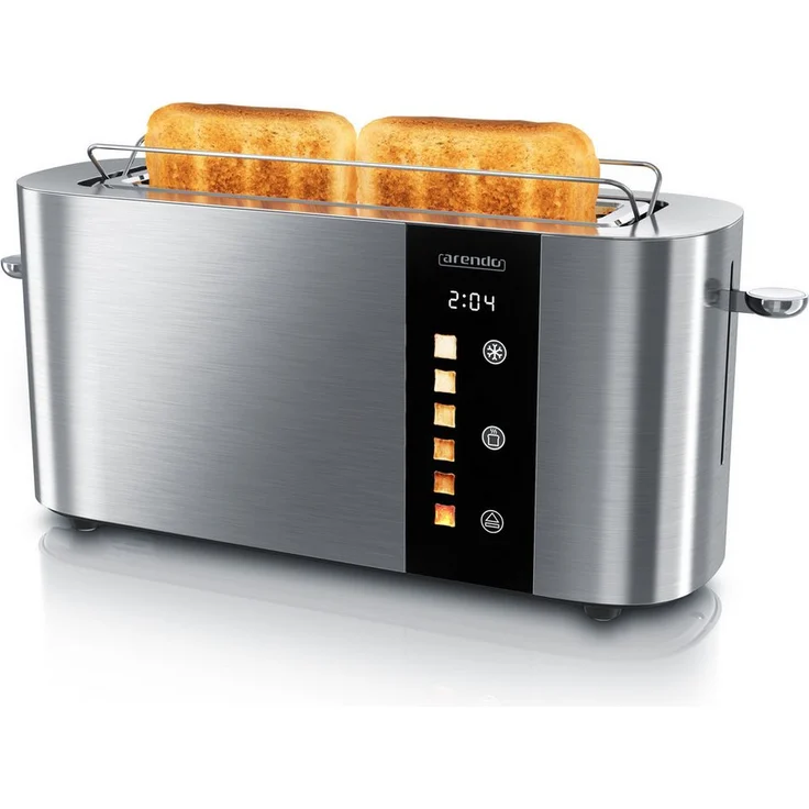 Arendo LEVEL TOUCH 2-Scheiben Langschlitztoaster, Edelstahl, mit Touch-Bedienung, Restzeit Bräunungsgradanzeige, 1000 W, Brötchenaufsatz, wärmeisoliert, automatischer Brotzentrierung