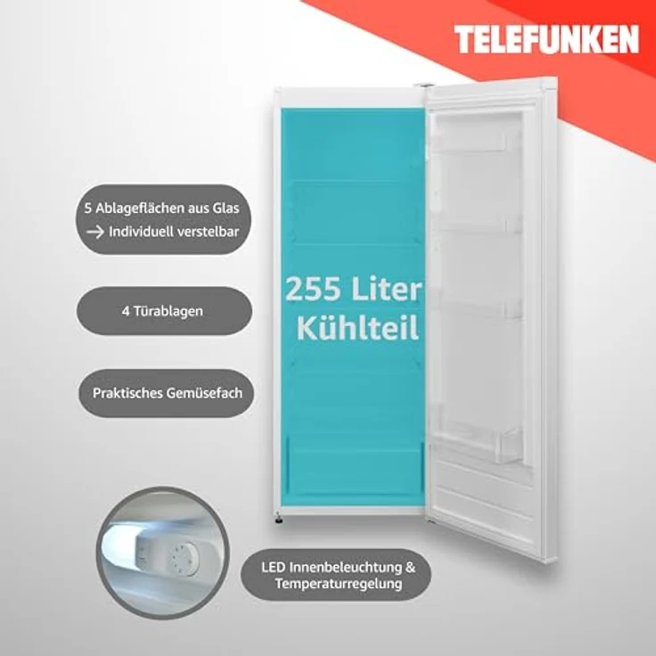 TELEFUNKEN Kühlschrank ohne Gefrierfach 255 Liter | Standkühlschrank groß | Vollraumkühlschrank freistehend mit Gemüsefach | LED-Beleuchtung | Türanschlag wechselbar | KTFK265EW2 weiß – Bild 3