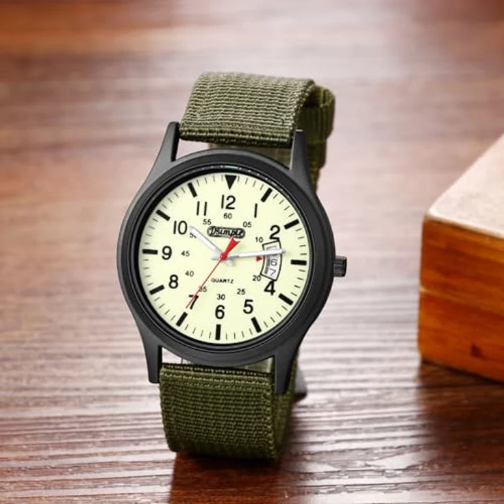 JewelryWe Herrenuhr Militär Quarz Armbanduhr in Olivgrün, 12/24-Stunden Zifferblatt, Leuchtzeiger, Nylonarmband, Spritzwassergeschützt – Bild 4