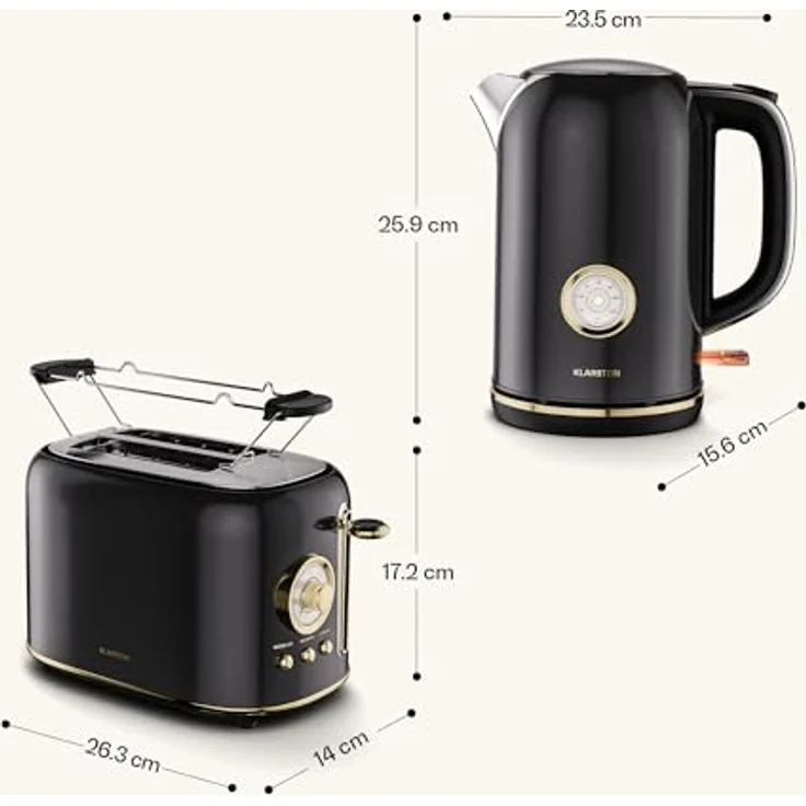 Klarstein Victoria Toaster Wasserkocher Set, Retro Design, 2 Scheiben Toaster mit 7 Bräunungsstufen & Brötchenaufsatz, 1,7L Wasserkocher mit Kalkfilter, Schwarz – Bild 7