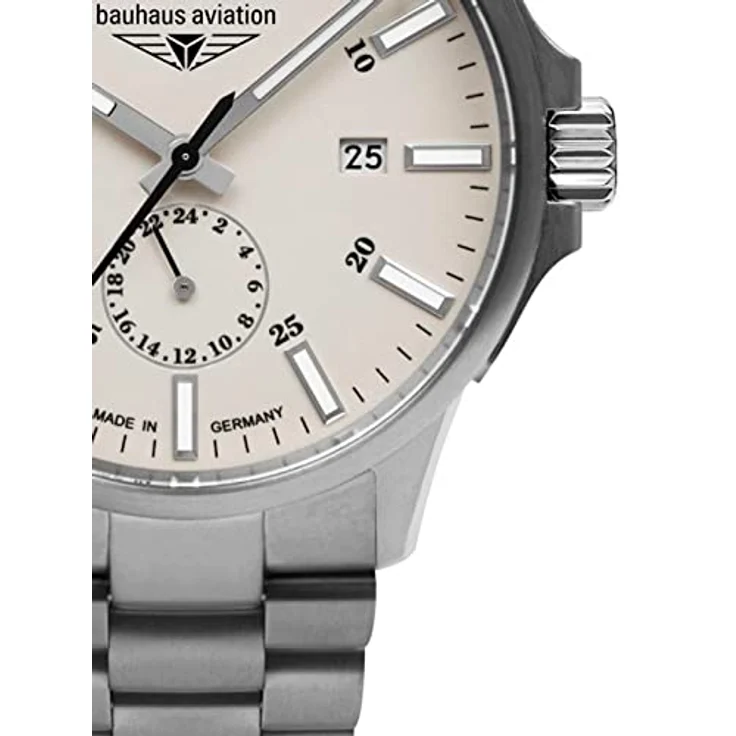 Bauhaus Aviation Herrenuhr mit Titanband Automatik 10 ATM Saphirglas Gangreserve Datum 2860M-5, Made in Germany, Titan Gehäuse, 24 Stunden Anzeige, Japanisches Automatik Uhrwerk Miyota 9134, Wassergeschützt 10 ATM, Titan Glieder Armband, silberfarbenes Zifferblatt – Bild 2