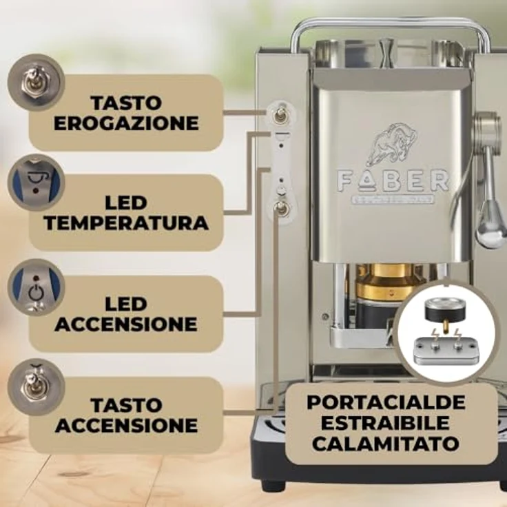 FABER COFFEE MACHINES Deluxe 3.0 Kaffeemaschine ESE 44 mm, Magnetventil, herausnehmbarer Padhalter, 1L Glaskanister, verstellbare Messing-Padpresse (Edelstahl Glossy, Chrom) – Bild 4