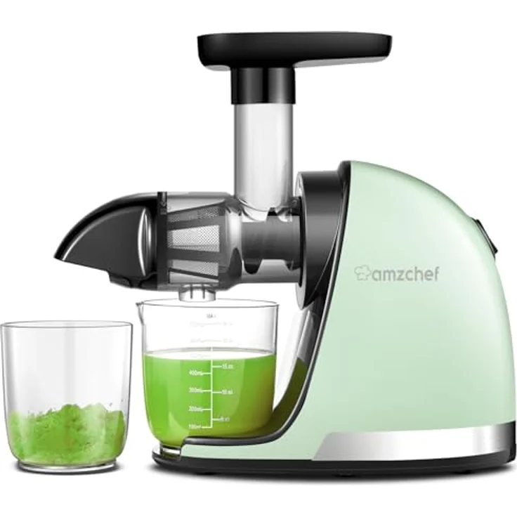 AMZCHEF Entsafter Gemüse und Obst - Slow Juicer mit Rückwärts-Kau-Funktion - Entsaftungsgrad 7-stufig - Entsafter Elektrisch mit Bürste und 2 Tassen - Grün – Bild 1