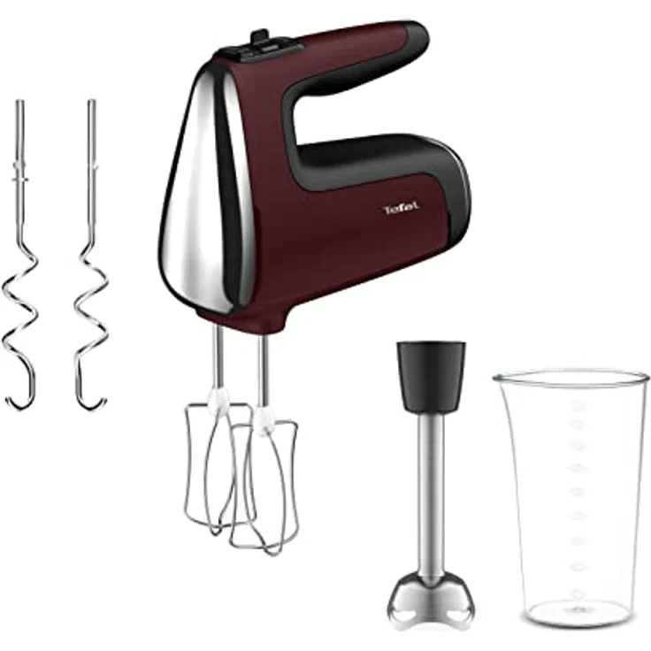 Tefal HT6525 Powermix Silence Handmixer | 600 W Leistung | offener Griff | Geschwindigkeitsstufen + Turbo-Funktion | 2 Schneebesen + 2 Knethaken aus Edelstahl | Stabmixer-Aufsatz aus Edelstahl | Rot – Bild 1